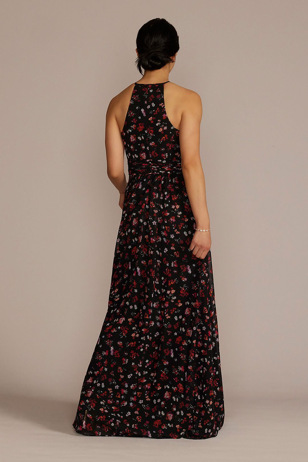 David's Bridal Women's Floral Print Halter A-Line Dress With Slit