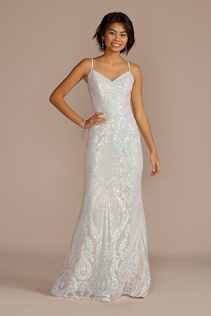 David's Bridal Women's Long V-Neck Iridescent Sequin Patterned Sheath