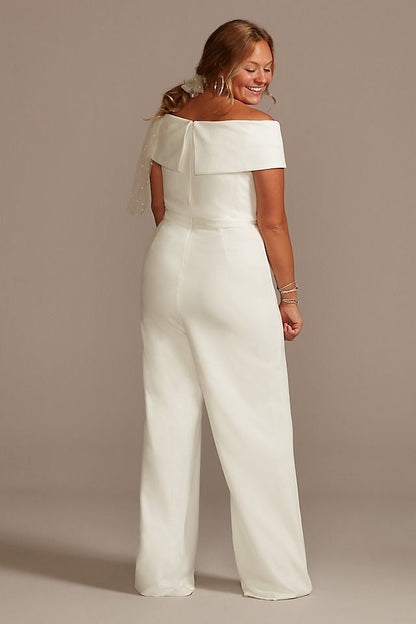 David's Bridal Women's Cuffed Off-the-Shoulder Stretch Crepe Jumpsuit - Plus