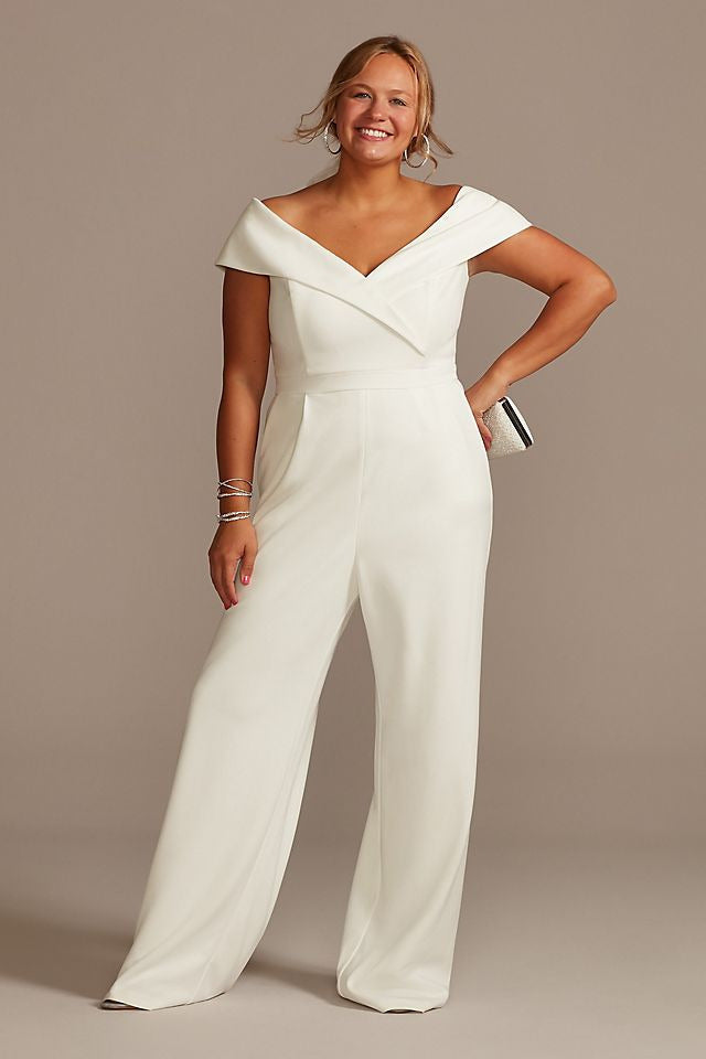 David's Bridal Women's Cuffed Off-the-Shoulder Stretch Crepe Jumpsuit - Plus