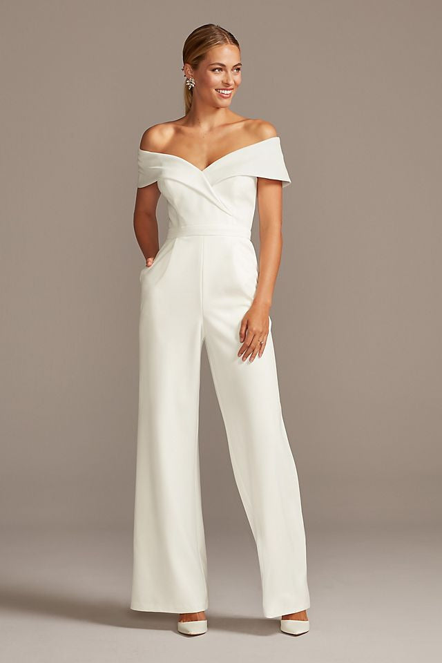 David's Bridal Women's Cuffed Off-the-Shoulder Stretch Crepe Jumpsuit - Missy