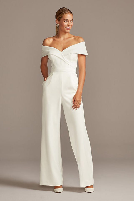 David's Bridal Women's Cuffed Off-the-Shoulder Stretch Crepe Jumpsuit - Missy