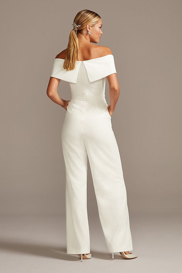 David's Bridal Women's Cuffed Off-the-Shoulder Stretch Crepe Jumpsuit - Missy