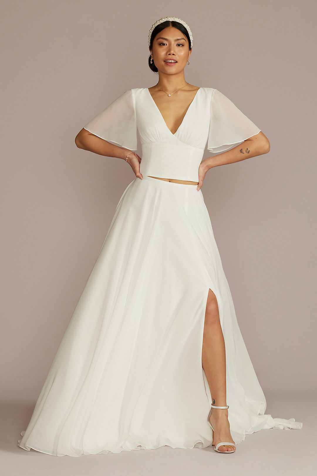 David's Bridal Women's Chiffon Flutter Sleeve Bridal Separates Top - Plus