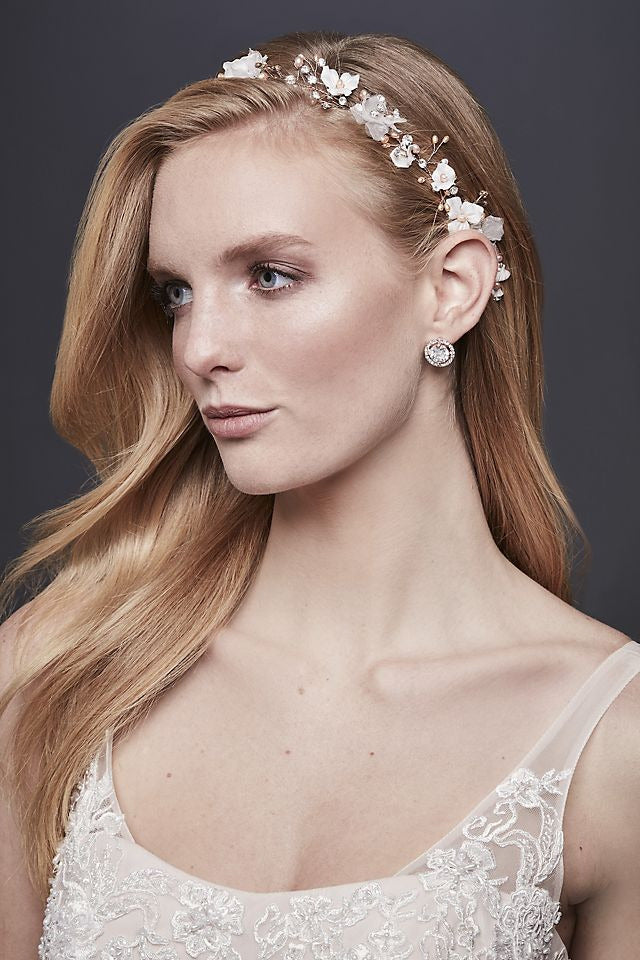 David's Bridal Women's 3D Flower Ribbon-Tie Headband with Pearls