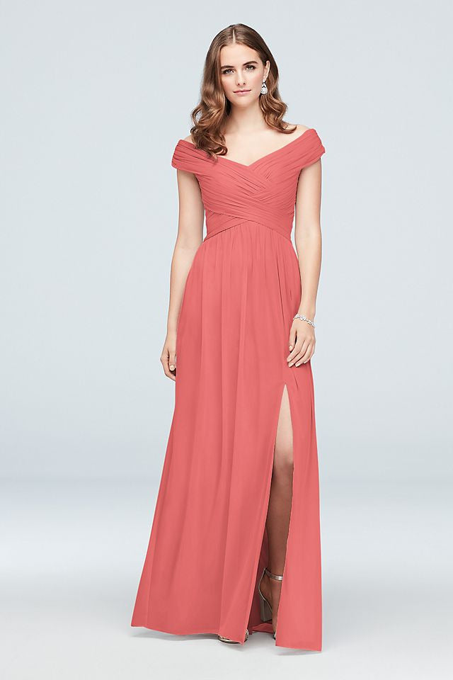 David's Bridal Women's Crisscross Off-the-Shoulder Mesh Bridesmaid Dress 1