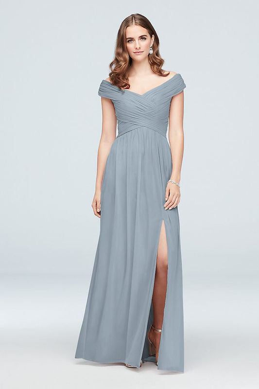 David's Bridal Women's Crisscross Off-the-Shoulder Mesh Bridesmaid Dress 9