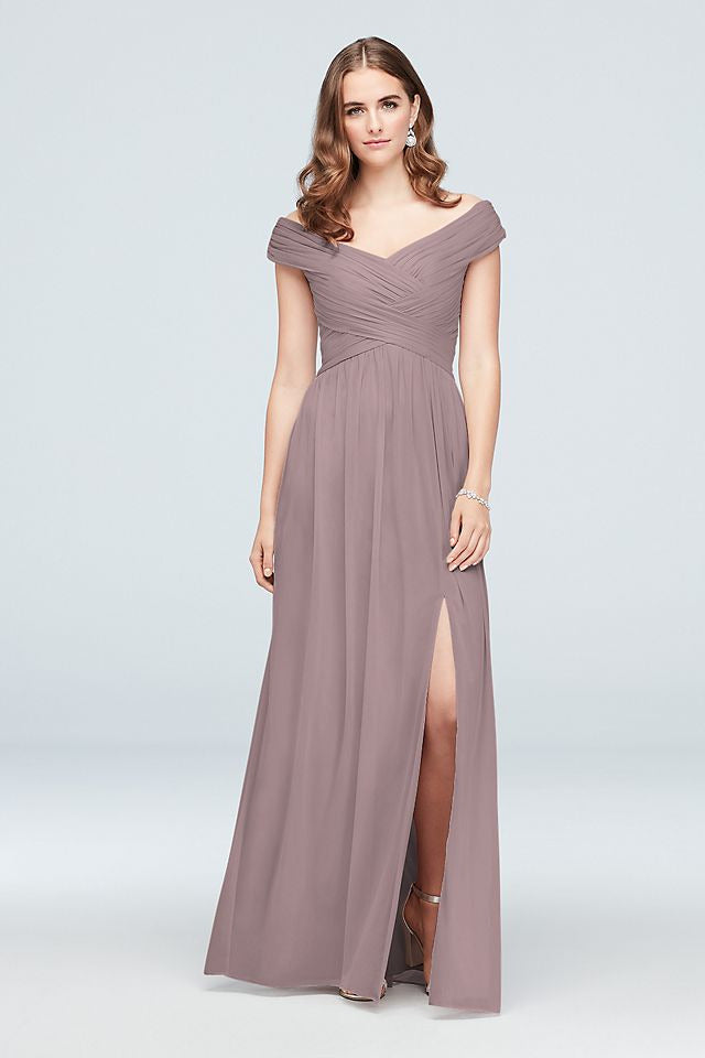 David's Bridal Women's Crisscross Off-the-Shoulder Mesh Bridesmaid Dress 2