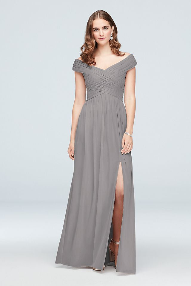 David's Bridal Women's Crisscross Off-the-Shoulder Mesh Bridesmaid Dress 3