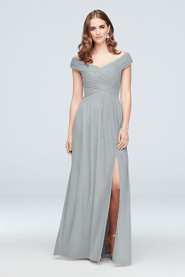 David's Bridal Women's Crisscross Off-the-Shoulder Mesh Bridesmaid Dress 10