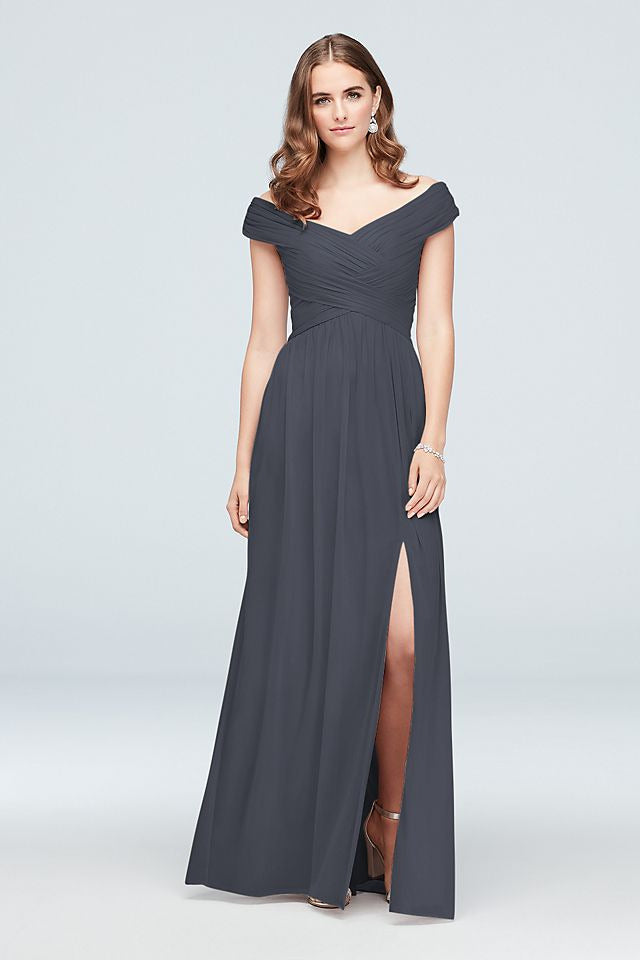 David's Bridal Women's Crisscross Off-the-Shoulder Mesh Bridesmaid Dress 6