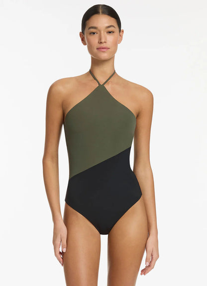 Seafolly Women's Versa High Neck Halter One Piece - Olive/Black