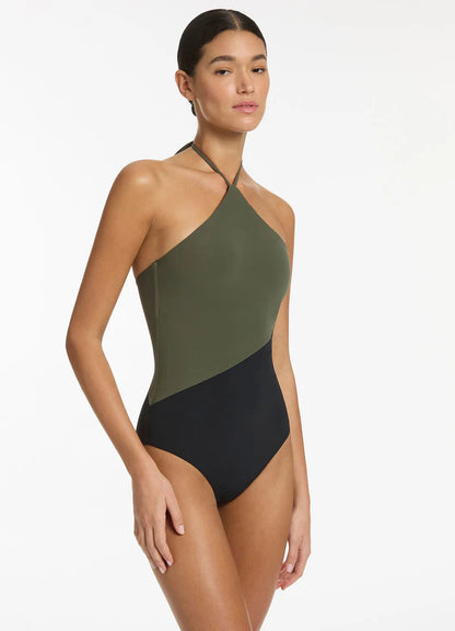 Seafolly Women's Versa High Neck Halter One Piece - Olive/Black