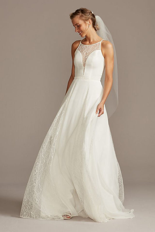 David's Bridal Women's High Neck Illusion and Lace Godet Wedding Dress - Missy