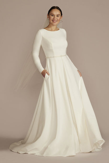 David's Bridal Women's Belted Long Sleeve Crepe Modest Wedding Dress - Missy