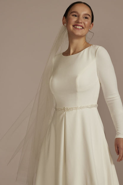 David's Bridal Women's Belted Long Sleeve Crepe Modest Wedding Dress - Missy