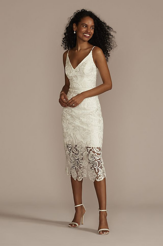 David's Bridal Women's Crochet Lace Overlay Midi Dress- Missy