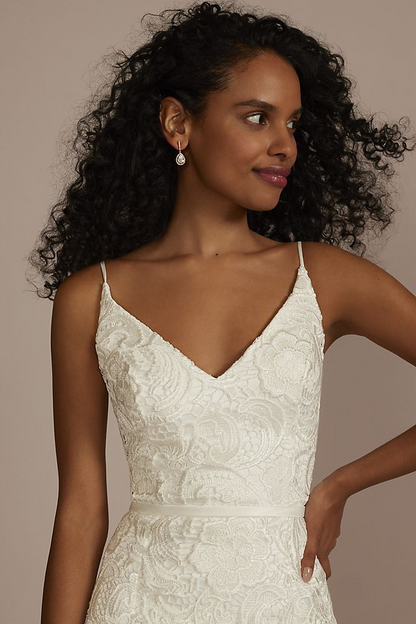 David's Bridal Women's Crochet Lace Overlay Midi Dress- Missy