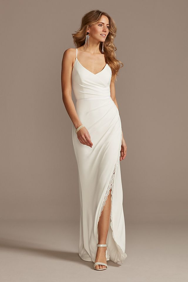 David's Bridal Women's Ruched Skinny Strap Dress With Lace Slit- Missy