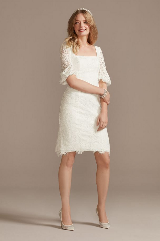 David's Bridal Women's Lace Square Neck Mini Dress With Bubble Sleeves - Missy