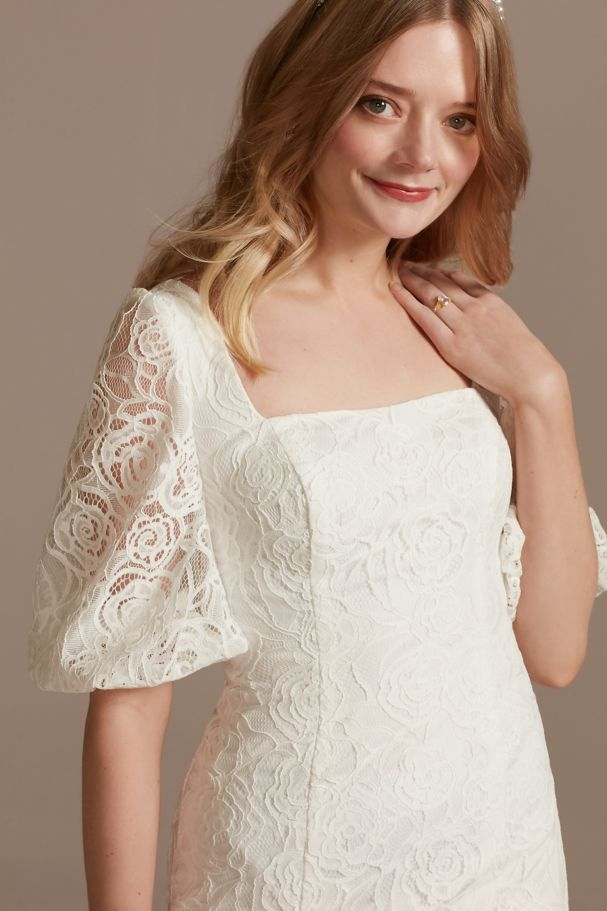 David's Bridal Women's Lace Square Neck Mini Dress With Bubble Sleeves - Missy