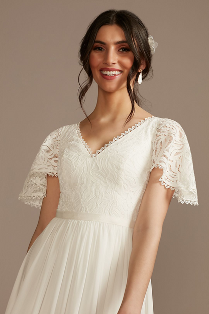 David's Bridal Women's Lace Chiffon Flutter Sleeve A-Line Wedding Dress - Missy