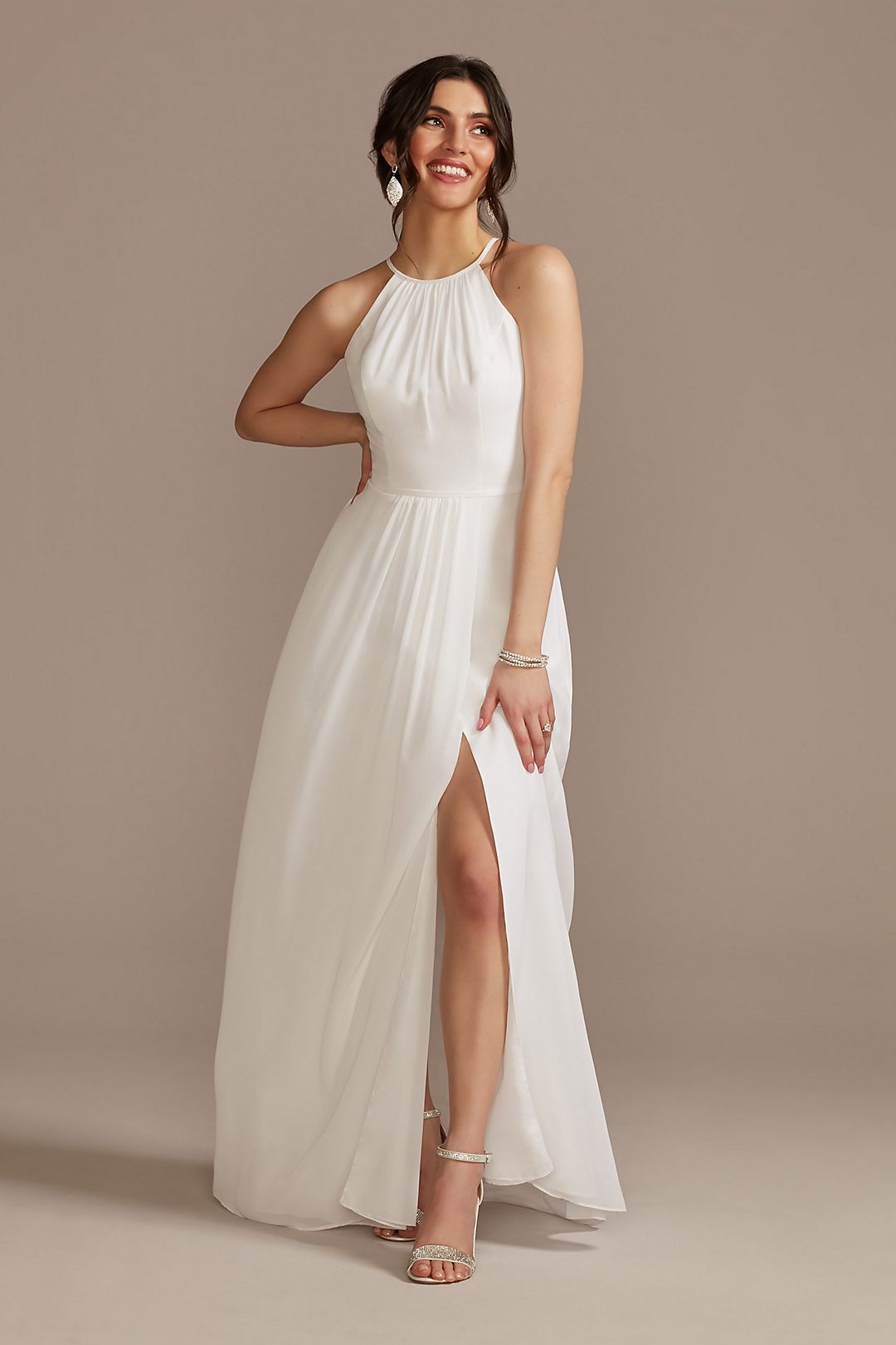 David's Bridal Women's Chiffon A-Line Wedding Dress With Tie Back- Missy