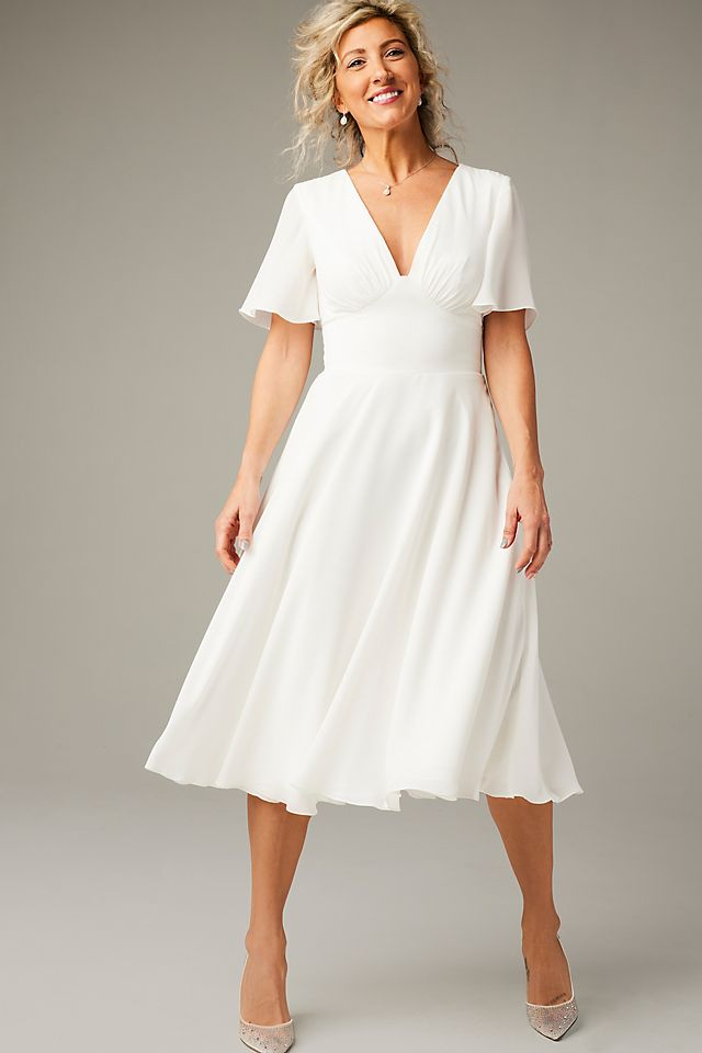 David's Bridal Women's Chiffon Flutter Sleeve Midi-Length Dress - Missy