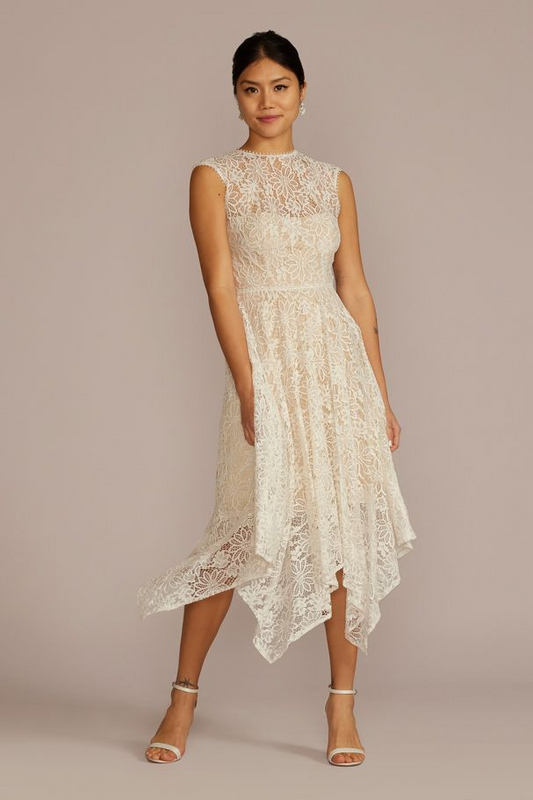 David's Bridal Women's High Neck Lace Dress With Asymmetrical Skirt - Missy