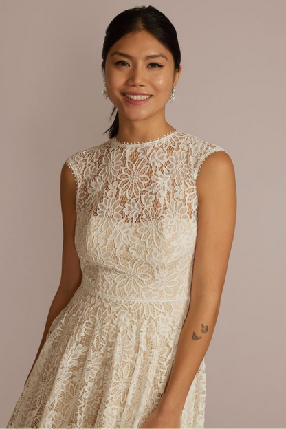 David's Bridal Women's High Neck Lace Dress With Asymmetrical Skirt - Missy