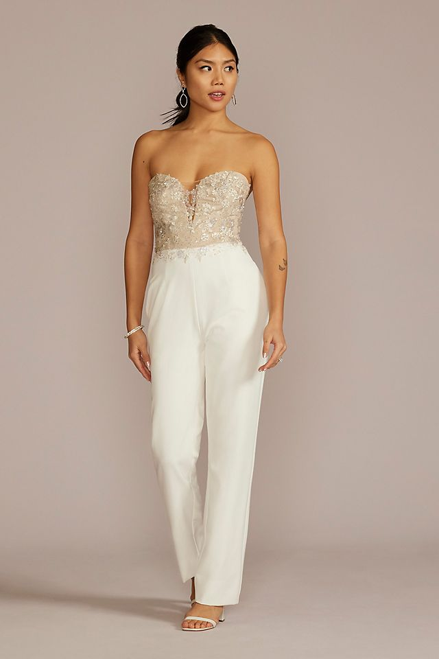 David's Bridal Women's Strapless Beaded Floral Applique Bodice Jumpsuit- Missy