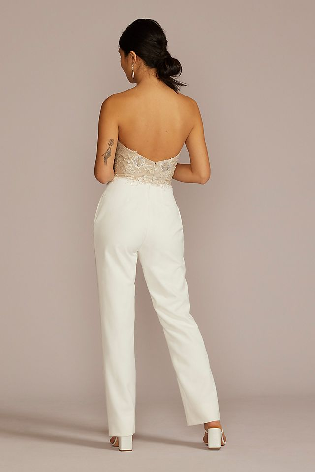 David's Bridal Women's Strapless Beaded Floral Applique Bodice Jumpsuit- Missy