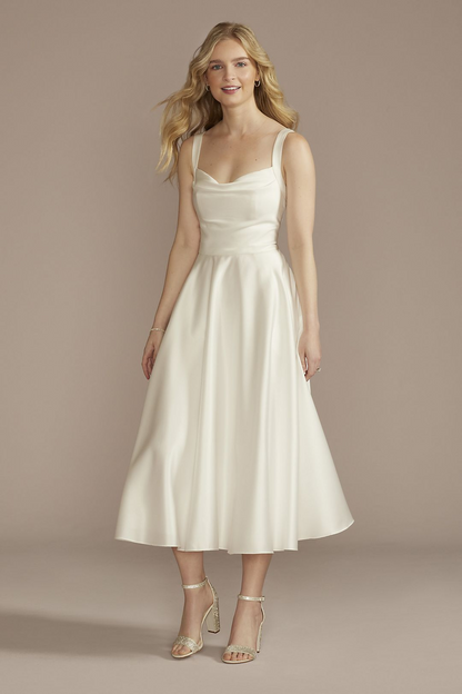 David's Bridal Women's Cowl Neck Tea-Length Satin A-Line Dress- Missy