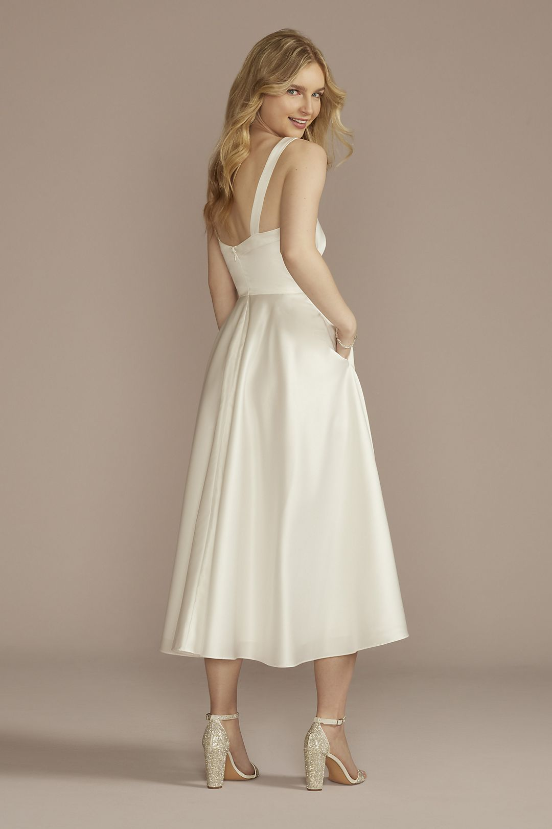 David's Bridal Women's Cowl Neck Tea-Length Satin A-Line Dress- Missy