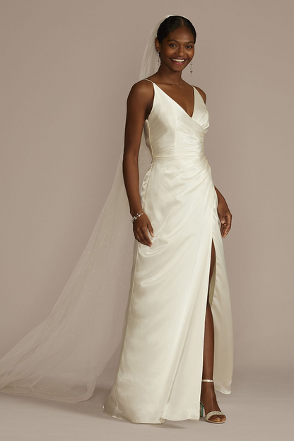 David's Bridal Women's Draped Satin Spaghetti Strap Sheath Wedding Dress- Missy