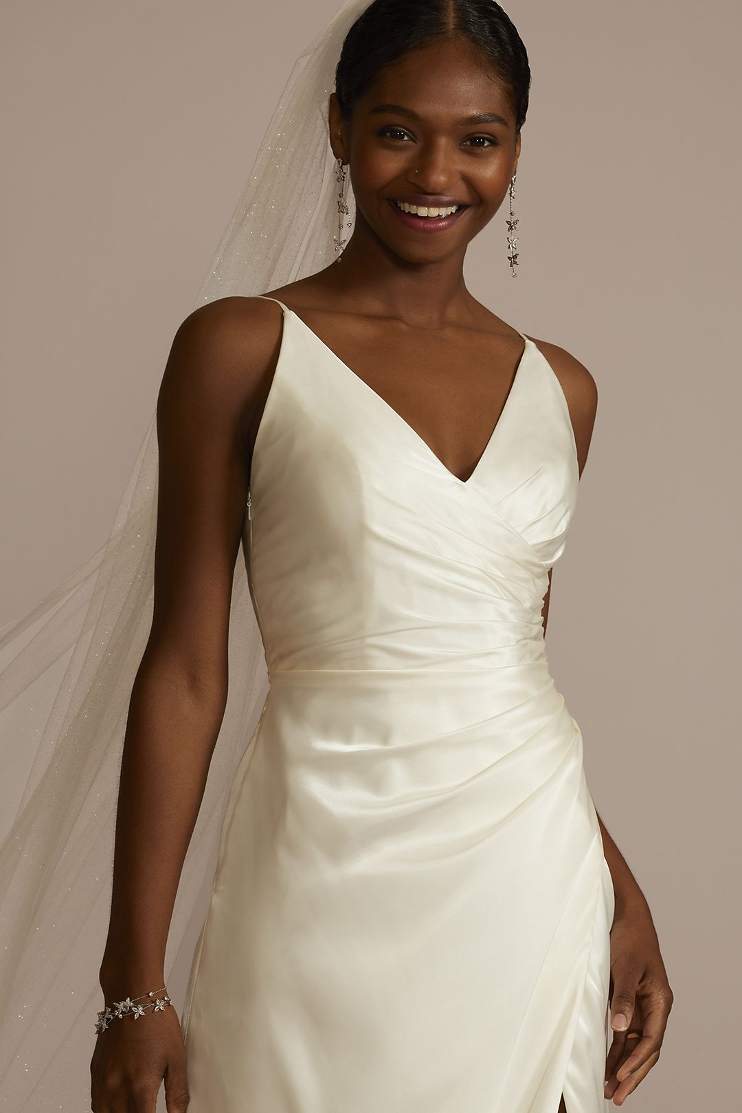 David's Bridal Women's Draped Satin Spaghetti Strap Sheath Wedding Dress- Missy