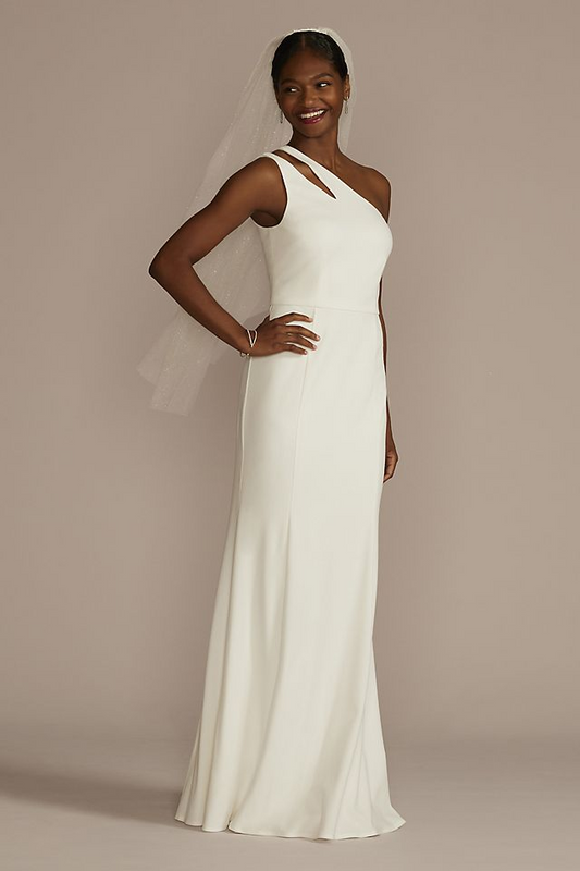 David's Bridal Women's One-Shoulder Stretch Crepe Sheath Wedding Dress- Missy