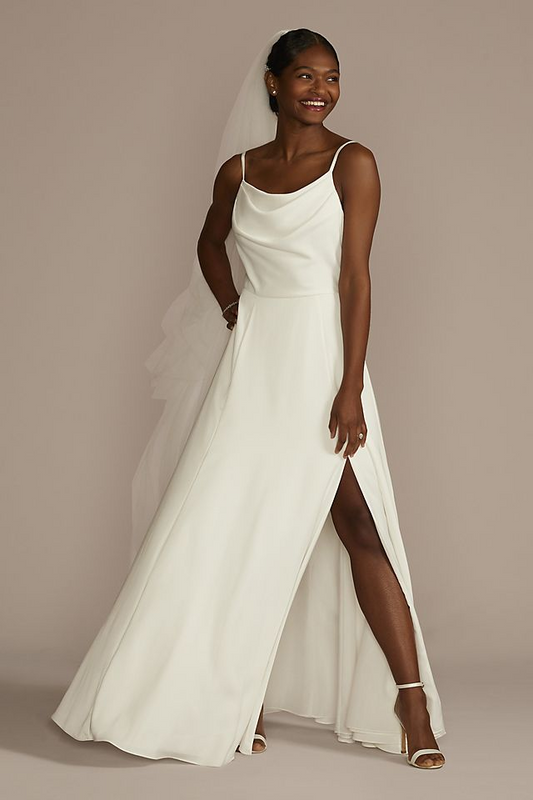 David's Bridal Women's Cowl Neck Crepe Scoop Back A-Line Wedding Dress - Plus