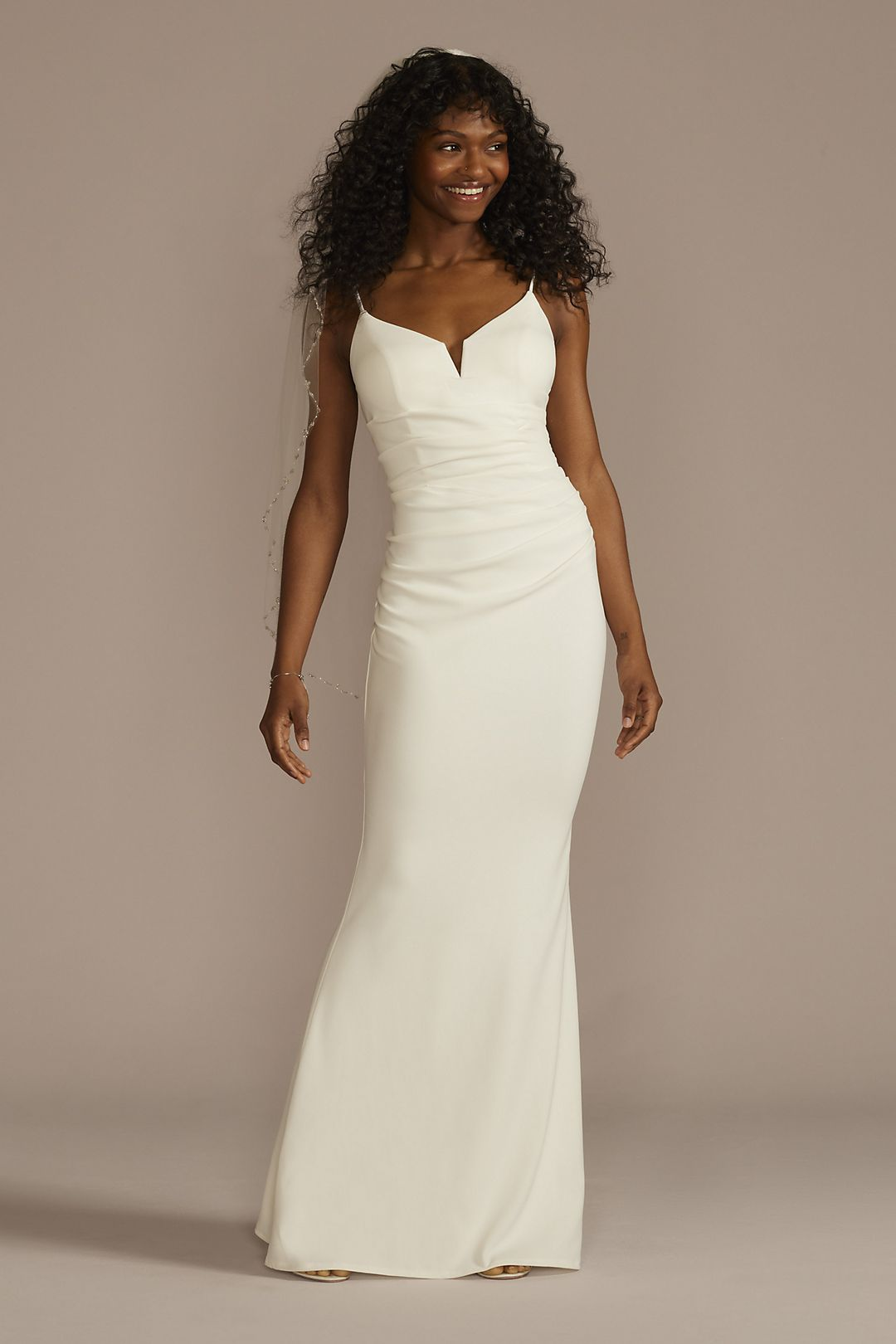 David's Bridal Women's Ruched V-Neck Spaghetti Strap Sheath Wedding Dress- Missy