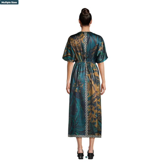 Mira Blue And Brown Satin Tropical Mixed Print Kaftan Dress