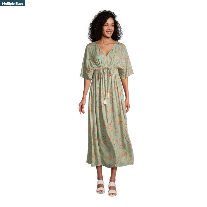 Mira Sage Green And Coral Veda Kaftan Dress