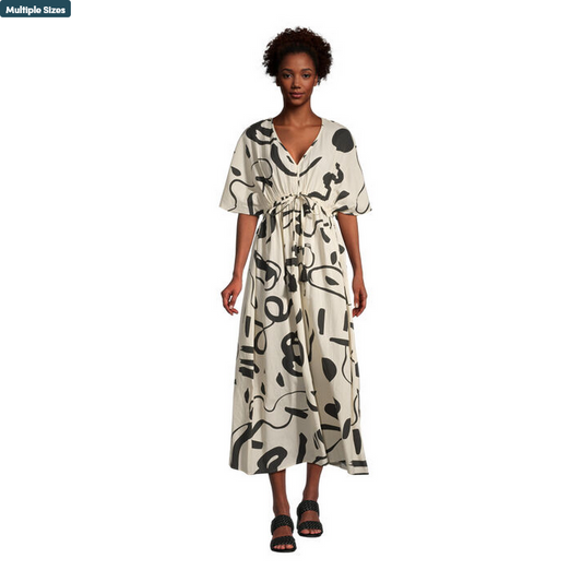 Mira Black And White Abstract Shapes Kaftan Dress