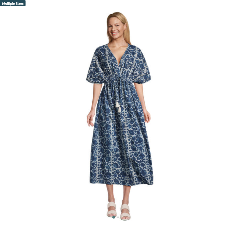 Mira Indigo And White Floral Eyelet Kaftan Dress