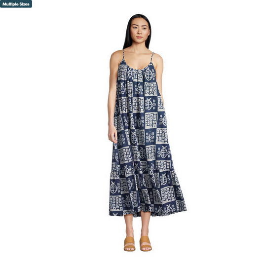 Indigo And White Patchwork Abstract Fish Kaftan Dress