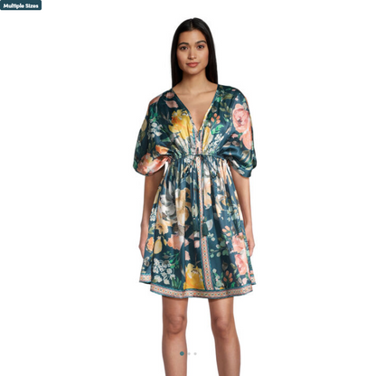 Mira Teal Satin Waikiki Floral Short Kaftan Dress