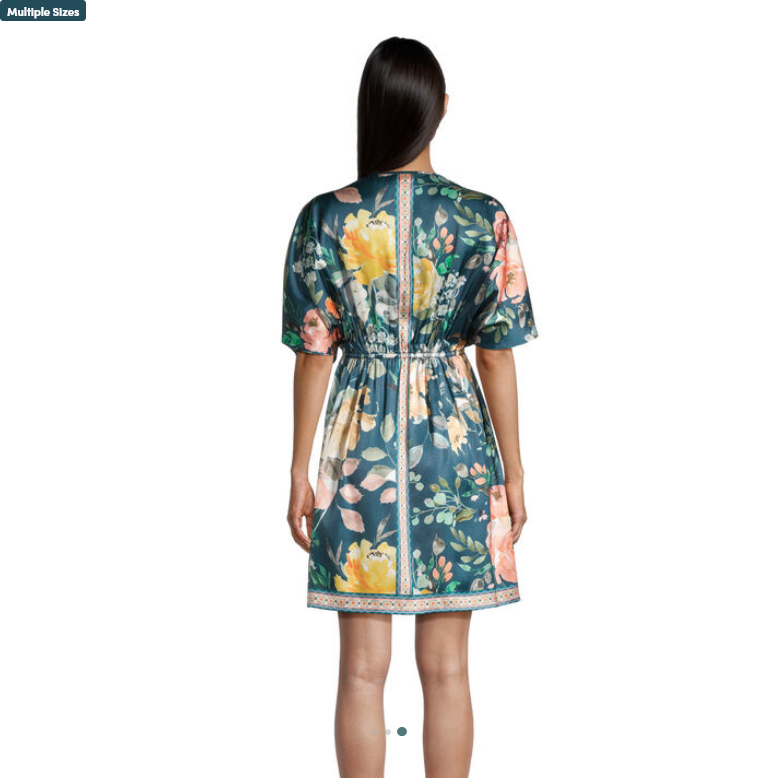 Mira Teal Satin Waikiki Floral Short Kaftan Dress