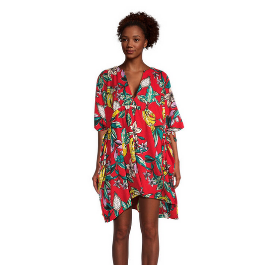 Lanai Red Tropical Fruit Short Kaftan Dress