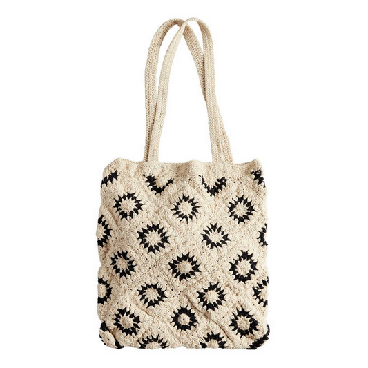 Ivory And Black Diamond Macrame Tote Bag