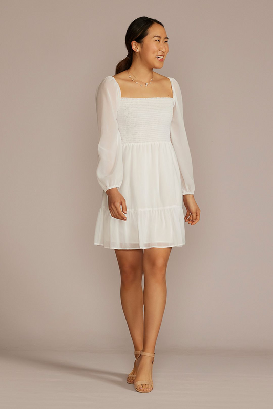 David's Bridal Women's Smocked Long Sleeve Chiffon Short Dress - Missy