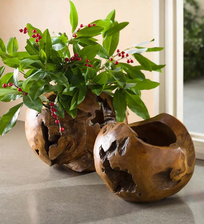 VivaTerra Distressed Round Teak Wood Vases